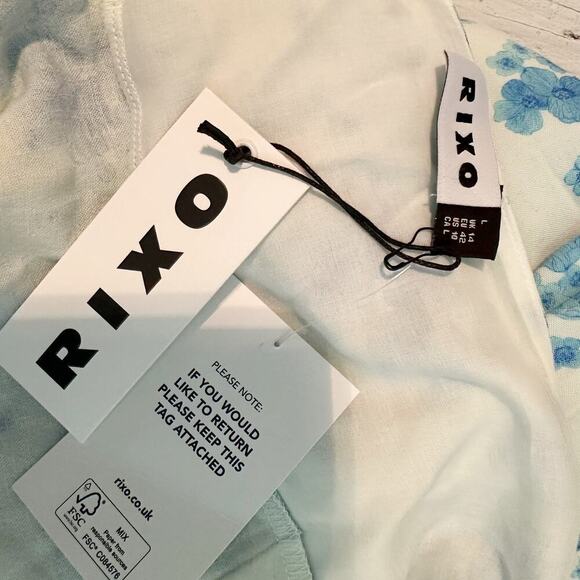 Rixo Cecile Blue Victoria Floral Midi Sun Dress Size US 10 Large Linen Blend - Picture 8 of 13